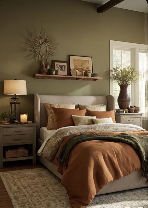 Greige Room Ideas, Sherwin Williams Earthy Charm, Bedroom Ideas Cozy Colors, Cozy Room Paint Colors, Earthy House Interior, Earthy Toned Bedroom, Greige Decor, Bedroom Colors For 2024, Sherwin Williams Mega Greige