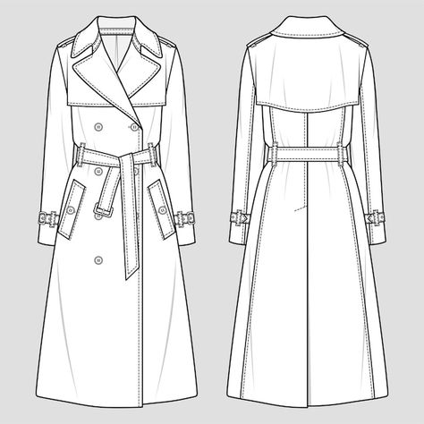 Trench Coat Art Reference, Coats Sketches, Trench Coat Sketch, Trench Coat Flat Sketch, Trench Coat Illustration, Trench Coat Side View, Trench Coat Technical Drawing, Trench Coat Drawing Reference, Trenchcoat Drawing