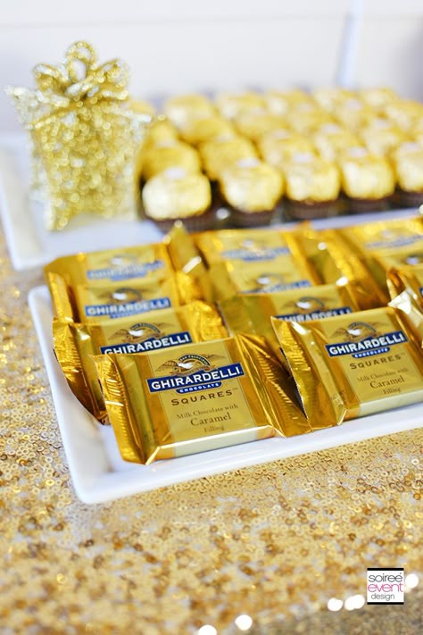 50th Anniversary Candy Bar Ideas, Gold And Silver Candy Table, Orange And Gold Dessert Table, White And Gold Party Favors, Retirement Party Candy Table Ideas, Golden Party Favors, Gold Snacks For Party, 25th Golden Birthday Ideas For Him, Christmas Party Candy Table