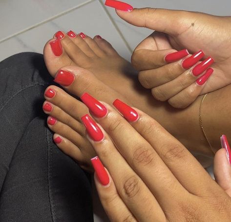 Red Toe Nails Black Women, Red Nails And Toes Matching, Red Acrylic Toe Nails, Red Acrylic Toes, Red Nails And Toes, Red Nails Black Women, Red Toe Nails, Signature Nails, Red Pedicure