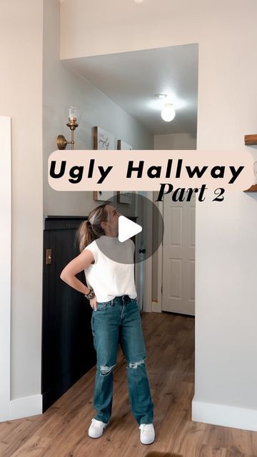 Aubrey Booth | DIY & Home Design on Instagram: "Ugly hallway transformation, part 2 of 3! 👏  This beadboard has been a total game changer! It’s such an easy, beginner-friendly project that makes a huge impact on this space. I grabbed it from @loweshomeimprovement, and I’m loving how it instantly elevated the look!  I went with Urbane Bronze by @sherwinwilliams, and it adds just the right amount of moody vibes without making the space feel too dark.  And the new light fixtures? They’ve completely brightened up the hallway! ✨  What’s your favorite detail so far? I can’t wait to share the ceiling beams!   #DIYHome #Beadboard #HomeUpgrade #MoodyVibes #HallwayMakeover #BeginnerDIY" Mixed Mirrors On Wall, Hallway Door Frame Ideas, Black Beadboard Hallway, Hallway To Bedrooms Decor, Hall Wall Decor Ideas Interior Design, Narrow Hallway Wall Molding, Entry Way Renovation, Hallway Shiplap Halfway, Paneled Hallway Ideas