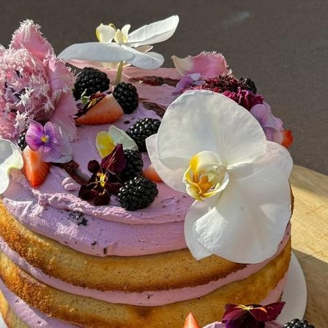 Sammy Rees on Instagram: "Soaking up all the beautiful sunshine today 💛 A special vanilla bean and rum cake filled with blackberry, vanilla bean and rum preserves, chocolate mousse and topped with a blackberry mascarpone cream. The cute little tester cake is my fav 🫶🏼" Minimalistic Cakes Aesthetic, Floral Desserts, Blackberry Mascarpone, Minimalistic Cakes, Cakes Aesthetic, Bday Vibes, Bakery Party, 19 Birthday, Blackberry Cake