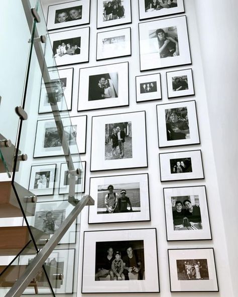 How To Display Family Photos On Wall Stairs, Frames In Staircase, High Stairway Wall Decor, Photo Gallery On Stairs, Gallery Wall Upstairs Hallway, Artwork On Staircase Wall, Picture On Stairway Wall, Gallery Wall Above Stairs, Photos In Stairwell Wall Ideas