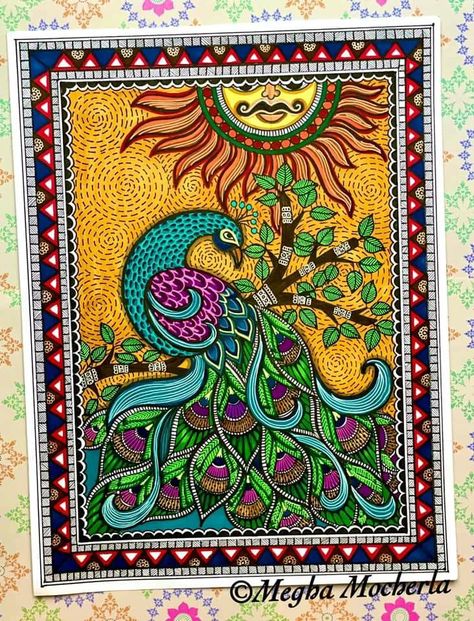 Madhubani Art On A3 Sheet, Traditional Madhubani Art Krishna, Peacock Madhubani Art, Peacock Madhubani Painting, Madhubani Paintings On Canvas, Madhubani Art Design Indian Paintings, Madhubani Art Krishna, Madhubani Art Peacock, Madhubani Art Design