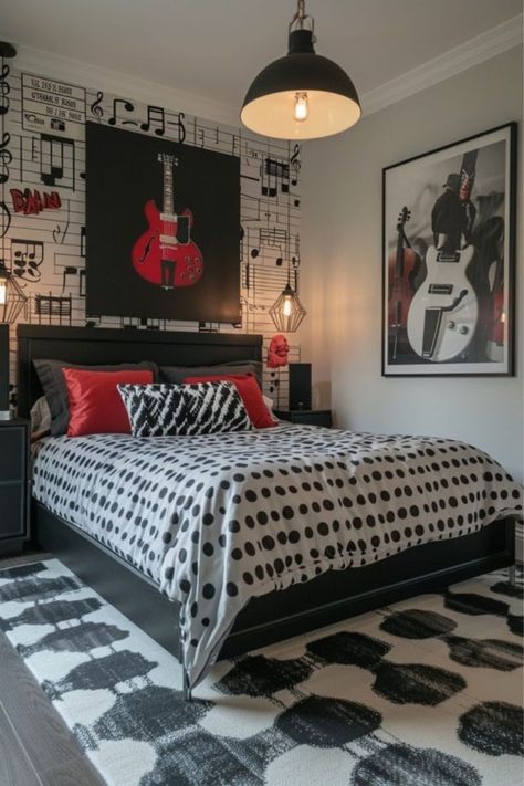 Music Studio Room Design, Music Studio Bedroom, Rock N Roll Bedroom, Rock And Roll Room, La Bedroom, Studio Room Design, Music Themed Bedroom, Instrument Storage