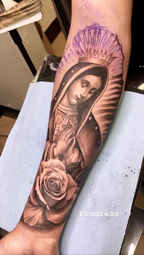 Virgin Mary Sleeve Tattoos Men, Virgin Mary With Roses Tattoo, Our Lady Of Guadalupe Tattoo Sleeve, Rose Mary Tattoo, Virgin Mary Arm Tattoo, Virgin Mary Back Tattoo Women, Virgin Guadalupe Tattoo, Latin Artwork, Virgen Mary Tattoo For Women