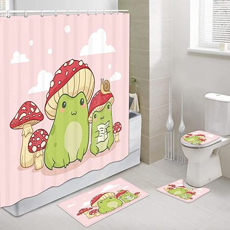 Uokiuki Cute Shower Curtain Set with Hooks 69 x 70Inch, Kawaii Frog Mushroom Snails Bathroom Sets with Shower Curtain and Rugs, Toilet Lid Cover and Bath Mat : Amazon.ca: Home Frog Bathroom, Forest Bathroom, Cute Shower Curtain, Cozy Bath, Frog Mushroom, Custom Shower Curtain, Cute Shower Curtains, Modern Style Bathroom, Bed Lamp