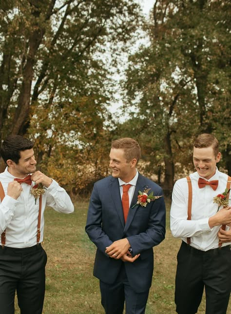 Maria & Harrison had an upbeat outdoor boho rustic wedding in northern California. The fall inspired wedding color palette was complete with the cutest burnt orange bridesmaids dresses and groom ties, and earthy bridal bouquets with terracotta details. The fall wedding decor was matched with the orange & gold hues and pumpkins. Boho wedding, California wedding, wedding dress inspiration, couples aesthetic, wedding couples, wedding couples ideas, wedding decor inspo Burnt Orange Wedding Groom, Navy Blue Tuxedo Wedding Burnt Orange, Orange Groomsmen, Groomsmen Attire Navy Blue And Burnt Orange, Groomsmen Attire Burnt Orange, Navy Bridesmaid Rust Flowers And Groomsmen, Cinnamon Wedding Color Scheme Groomsmen, Caramel Groomsmen Suits, Burnt Orange Bridal Party Groomsmen