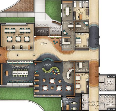 Library Floor Plan, Elementary School Design, Elementary School Architecture, School Floor Plan, School Floor, Library Plan, School Library Design, Kindergarten Interior, Administration Building