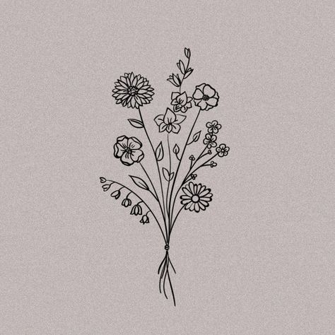 Wildflower Tattoo Black And White, Wildflower Tattoo Ideas, Flor Tattoo, Flower Bouquet Tattoo, Tattoo Black And White, Bouquet Tattoo, Wildflower Tattoo, Cute Tiny Tattoos, Tattoo Black