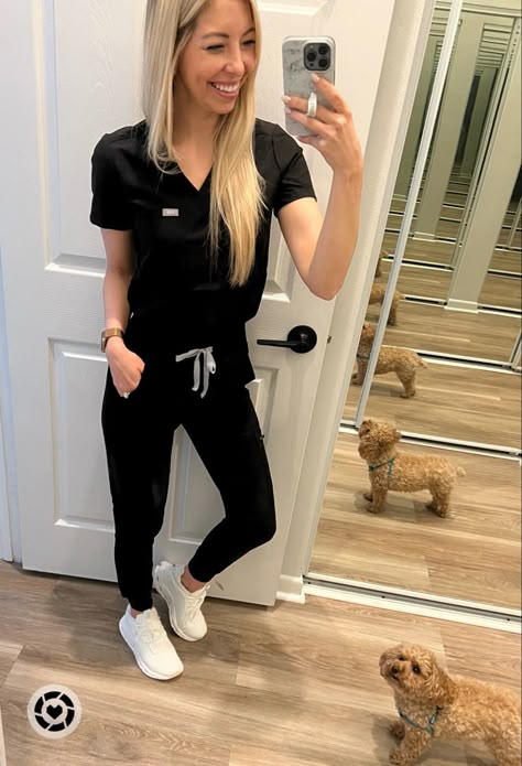 Black Scrubs Uniform For Women, Cute Scrubs For Women, Scrubs Shoes, Scrubs Uniform Black, Scrubs Closet, Flattering Scrubs For Women, Sneakers For Scrubs, Figs Black Scrubs, Scrubs And Sneakers Outfit