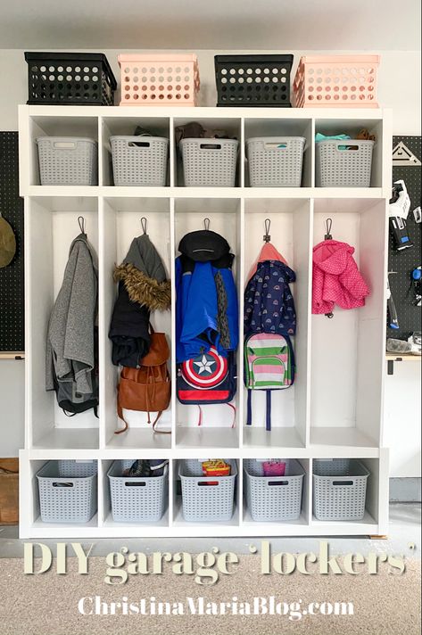 Diy Ikea Lockers, Lockers For Garage, Garage Storage Lockers, Coat And Shoe Storage Entryway Kids, Diy Garage Lockers, Garage Storage Shoes And Coats, Kallax Locker Hack, Garage Storage For Shoes, Garage Cubby Storage Diy