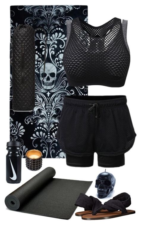 Health Goth Yoga Outfit C by blackbettyblog on Polyvore featuring sanuk, M Z Wallace, Killstar, WoodWick and NIKE Goth Yoga Outfit, Punk Gym Outfit, Goth Athletic Wear, Alternative Activewear, Goth Sportswear, Goth Activewear, Health Goth Outfits, Gym Goth, Goth Workout