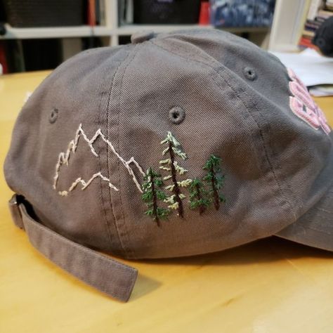 Copper hat How To Embroider On A Hat, Mountain Embroidery Designs, Embroidery Gift Ideas For Men, Embroidered Hat Ideas, Men Embroidery Designs, Manly Embroidery Ideas, Masculine Embroidery, Embroidery Ideas For Men, Hat Embroidery Ideas