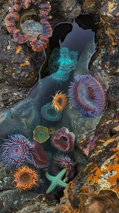 This stunning image captures a naturally occurring kaleidoscope of sea life nestled in the rocky nooks of a tide pool. Vivid sea anemones in shades of turquoise, violet, orange, and pink spread their tentacles, while a lone starfish adds a striking contrast with its muted green hue. The clustering of these marine organisms not only provides a visual feast but also highlights the biodiversity of tidal ecosystems, where various species thrive in close proximity, protected from the ocean's ... Nature Stock Photos, Colorful Ocean Fish, Deep Sea Creatures Aesthetic, Tide Pool Art, Tide Pools Aesthetic, Beautiful Sea Creatures Ocean Life, Underwater Life Photography, Tide Aesthetic, Biodiversity Art