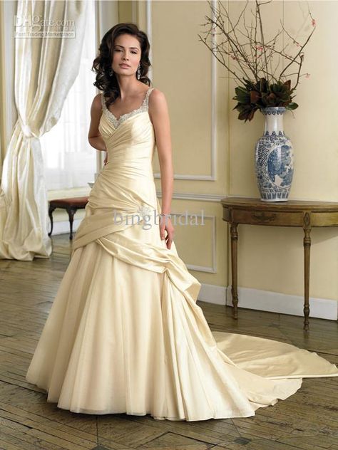 Wholesale Unique A-line Sweetheart Crystal Beaded Ruched Taffeta Lace Up Back Formal Affordable Wedding Dress, Free shipping, $127.53~149.5/Piece | DHgate Pale Yellow Wedding, Pale Yellow Weddings, Light Yellow Weddings, Light Yellow Dresses, Sophia Tolli Wedding Dresses, Yellow Wedding Dress, Train Wedding Dresses, Sophia Tolli, Someday My Prince Will Come