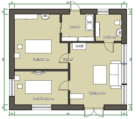 Spa Studio Design, Med Spa Layout, Medspa Floorplan, Esthetics Room Layout, Spa Room Dimensions, Small Spa Floor Plan, Massage Room Floor Plan, Facial Room Layout Plan, Esthetics Spa Floor Plan