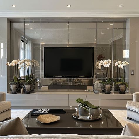 Luxurious Tv Wall, Contemporary Tv Wall, Wall Cabinets Living Room, Layered Lighting, Mirror Decor Living Room, Mirror Interior Design, Bedroom Tv Wall, Tv Wall Cabinets, Tv Unit Design Modern