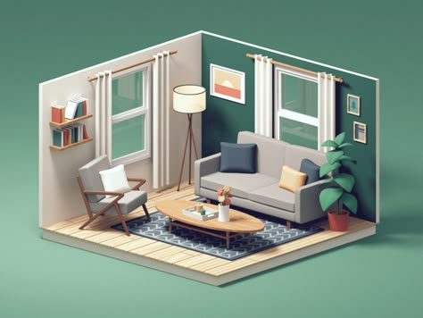 Isometric Rooms, Isometric Room, 3d Living Room, Small Space Interior Design, 3d Isometric, 3d Room, Isometric Art, 3d Inspiration, Isometric Design