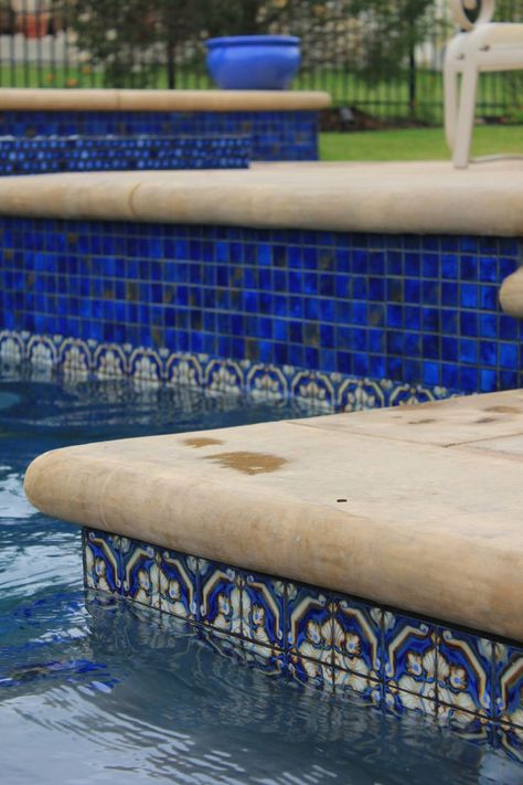 La Mancha | Iberia | NPT Pool Tile Tile On Pool Steps, Spanish Style Pool Tile, Mexican Pool Tiles Spanish Style, Mexican Tile Pool, Talavera Pool Tile, Mexican Swimming Pool, Decorative Pool Tiles, Npt Pool Tile, Jules Rustic Blue Pool Tile