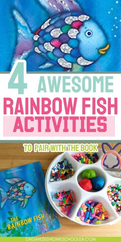 4 awesome Rainbow Fish activities to pair with the book written between the cover of the book and a playdough craft tray Rainbow Fish Literacy Activities, Rainbow Fish Playdough, Preschool Book Themes, Rainbow Fish Process Art, Rainbow Fish Book Activities, The Rainbow Fish Crafts Preschool, Rainbow Fish Sensory Bin, Rainbow Fish Sharing Activity, Kindergarten Story Activities