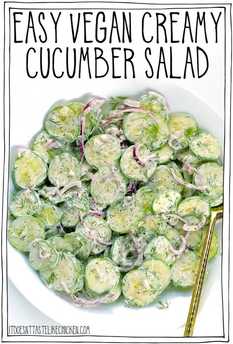 This Easy Vegan Creamy Cucumber Salad is fresh, crunchy, and irresistibly creamy. Made with just 10 simple ingredients in under 15 minutes, it's the perfect quick and easy side dish for a hot summer day or to cool down a spicy meal. #itdoesnttastelikechicken #vegan Buffalo Salad, Salad Recipes Vegan, Vegan Bento, Recipe Tofu, Warm Weather Recipes, Veg Salads, Filling Salads, Bean Salads, Taco Salad Recipe