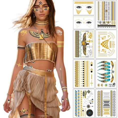 Metallic Temporary Tattoo, Gold Tattoos, Gold Temporary Tattoo, Glitter Tattoo Kit, Tattoos Set, Purim Costumes, Egyptian Gold, Metallic Tattoo Temporary, Spring Break Vacations