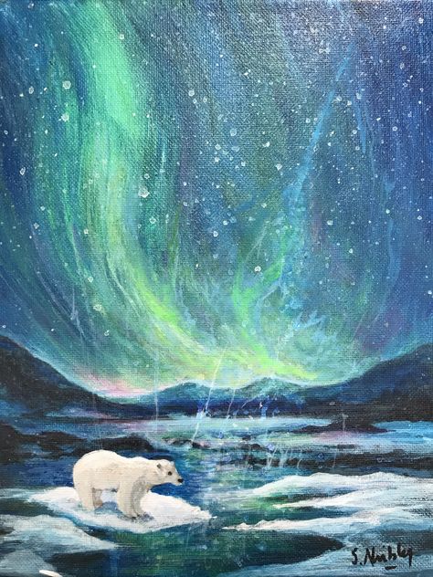 Polar Bear and the Northern Lights, Aurora Borealis, Original painting by Susan Nimbley Artic Painting, Northern Lights Painting Acrylic, Arctic Painting, Aurora Painting, Polar Bear Painting, Northern Lights Watercolor, Aurora Borealis Art, Polar Bear Paint, Northern Lights Art