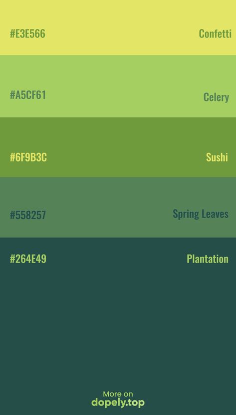 Color Palette Inspiration with Green. including these hex codes: #E3E566 #A5CF61 #6F9B3C #558257 #264E49 #dopely #green #colorpalette Green Palette Color Code, Color Pallets Greens, Green Color Pallete Hex Code, Green Rgb Palette, Color Combo For Green, Olive Green Color Palette Hex Codes, Shades Of Green Hex Codes, Color Palate Green, Color Palets Green