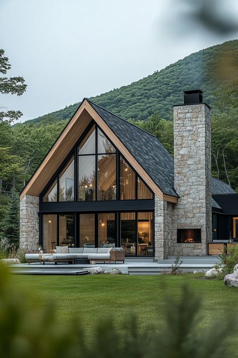 Modern Chalet House Plans, Stone Chimney Exterior, Modern Gable House, Nice House Exterior, Modern Craftsman House Exterior, Modern Mountain Home Exterior, Switzerland House, American House Design, Modern Home Exterior