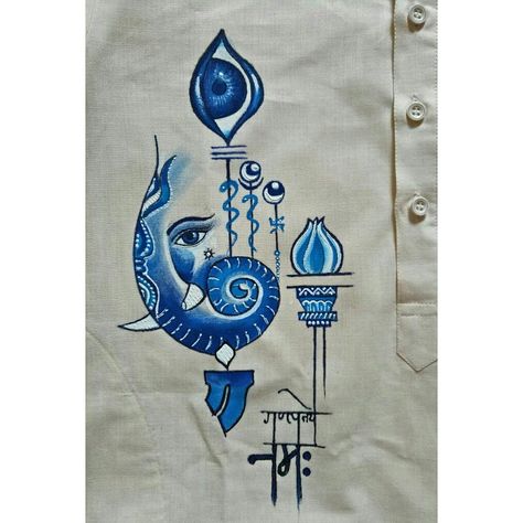 Ganesha on white kurta #fabricpainting Fabric Painting On Gents Kurta, Ganpati Kurta Design, Hand Painted Gents Kurta, Ganesh Fabric Painting, Ganpati Fabric Painting, Kurta Painting Design For Man, Punjabi Design, Panjabi Design, Fabric Paint Shirt