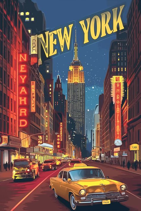 🎁🚀Travel Wall Art with Midjourney Prompts - Click the Link in my Bio🌐🔗 Travel Picture Wall Ideas, Retro City Aesthetic, New York Poster Aesthetic, New Yorker Wallpaper, New York Illustration Art, Room Posters Vintage, New York Posters, City Poster Design, New York Travel Poster