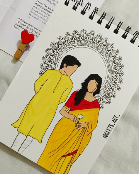 Girly Art Drawing Easy, Drawing Ideas Aesthetic Couple, Cute And Easy Couple Drawings, Easy Couples Drawings, Mandala Drawing Aesthetic, Couples Drawing Ideas Easy, Mandala Art Couple Design, Easy Wedding Painting Ideas, Couple Drawings On Canvas Easy