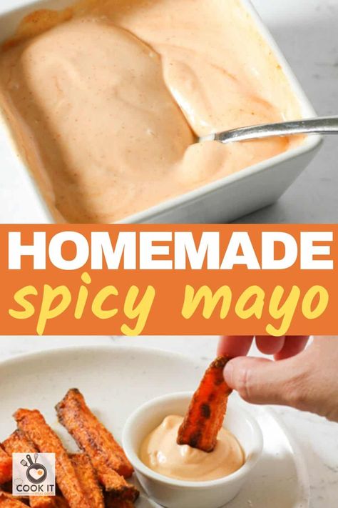 Spicy Mayonnaise, or sriracha mayo, is so simple and easy to make at home and can be used in so many ways.  Spicy Mayo Sauce can be used for dipping fries into, slathering on burgers or serving with sushi.  You'll be making this healthy DIY spicy mayo again and again. Yam Fries Dip, Easy Spicy Mayo Recipe, Healthy Spicy Mayo, Sweet Potato Fries Dipping Sauce, Keto 2023, Sriracha Mayo Recipe, Sriracha Mayo Sauce, Spicy Mayo Sauce, Sweet Potato Dip