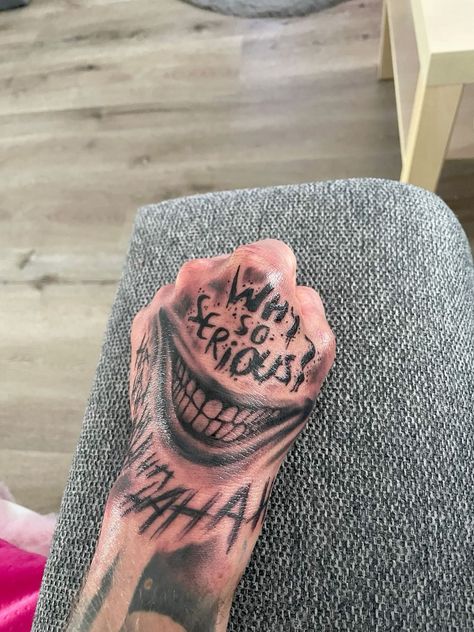 Hand Tattoos Mouth, Hand Smile Tattoo, The Joker Hand Tattoo, Joker Tattoo On Hand, Smile On Hand Tattoo, Why So Serious Tattoo Hand, Jokers Hand Tattoo, Hand Tattoos Joker, Smile Tattoo On Hand