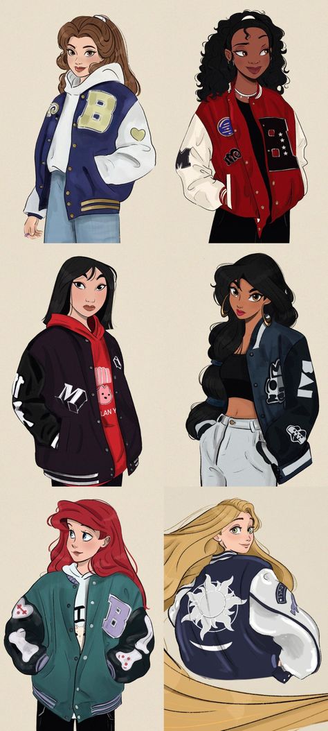 Modern Disney Princess Outfits Drawings, Disney Princesses Hogwarts Houses, Disney Princesses In Modern Clothes, Disney Princess New Look, Disney Princess Fashion Modern, Modern Disney Princess Art, Disney Princess Modern Drawing, Mulan Modern Outfit, Gangster Princess Disney