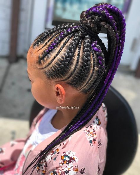 Black and purple braids. Purple Braids For Kids, Pheobe Hair, African Braids Hairstyles For Kids, Black And Purple Braids, Cornrow Ponytail Hairstyles, African American Kids Hairstyles, Cornrow Ponytail Styles, Braids Hairstyles For Kids, Style For Natural Hair