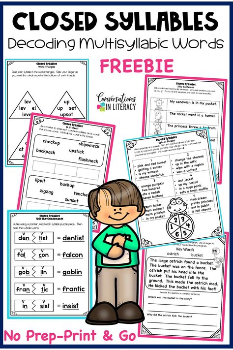 Unlock the secrets to decoding multisyllabic words for your elementary students with our Closed Syllables Decoding Multisyllabic Words Freebie! Effective and engaging games and activities, all with a no-prep, print and go approach designed for easy implementation. Explore one of the 6 syllable types and watch your students' decoding skills and confidence soar! Decoding Activities 3rd Grade, Vccv Syllable Activities, Closed Syllable Anchor Chart, Multisyllabic Word Activities, Closed Syllable Words, Multisyllabic Words Activities, 6 Syllable Types, Decoding Multisyllabic Words, Small Group Reading Activities