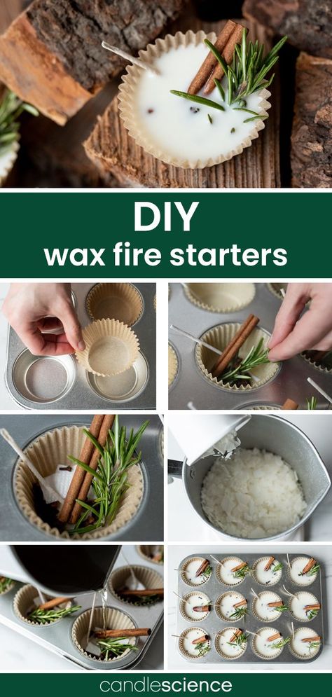 Start a cozy fire this winter with these simple-to-make wax fire starters. These are a great project for repurposing leftover wax, wick trimmings, and paper towels from candle making. Candle Making With Leftover Candles, Fire Starter Candles, Christmas Fire Starters, How To Make Scented Fire Starters, Wax Gifts For Him, Soy Wax Crafts, Soy Fire Starters, Wax Fire Starters How To Make, Witchy Craft Ideas To Sell