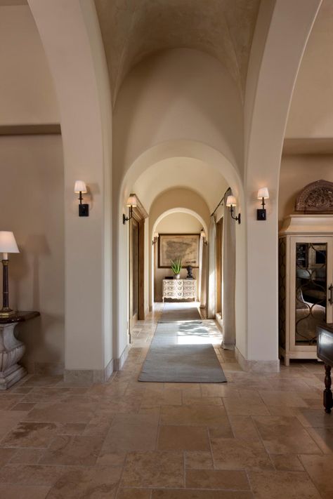 Mediterranean Entryway, Bloxburg Interior, Villa Ideas, Stone Archway, Rustic Mediterranean, Storage Inspiration, Casas Coloniales, Foyer Decorating, Entry Way Design