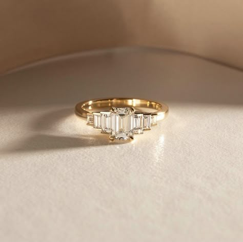 Gold Engagement Rings Indian, Engagement Rings Indian, Emerald Cut With Baguettes, Naveya And Sloane, Rings Indian, Jewelry Shoot, Baguette Engagement Ring, Ring Cuts, Emerald Cut Engagement Ring