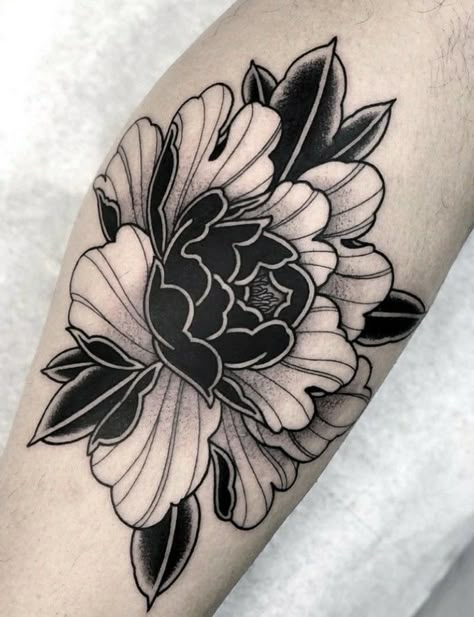 Simple Bold Tattoos, Landscape Tattoos, Black Flowers Tattoo, Peony Flower Tattoos, Tattoos Watercolor, Japanese Flower Tattoo, Tattoo Dotwork, Peony Tattoo, Abstract Tattoos