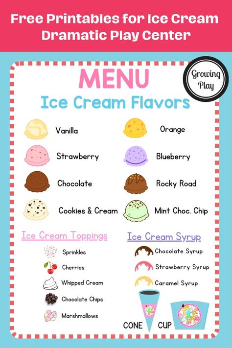 Ice Cream Shop Dramatic Play Free Printables - Growing Play Dramatic Play Menu Printable Free, Pretend Play Menu Free Printable, Bakery Dramatic Play Preschool Free Printable, Ice Cream Dramatic Play Printables Free, Ice Cream Dramatic Play Preschool, Free Printable Dramatic Play, Free Dramatic Play Printables, Ice Cream Dramatic Play, Dramatic Play Printables Free