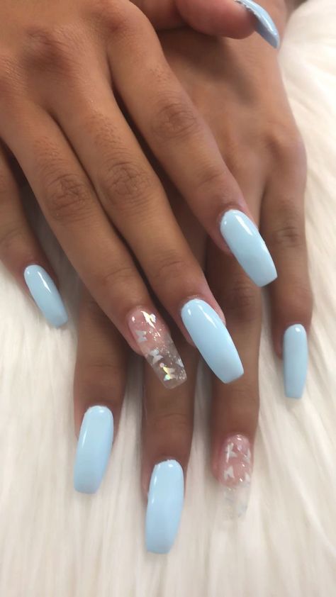 Pale Blue Nails With Design, Light Blue Nails For Prom, Light Blue Spring Nails, Sky Blue Nail Ideas, Dusty Blue Nails Acrylic, Light Blue And Silver Nails, Melanie Nails, Acrilyc Nails Design Ideas, Light Blue Prom Nails