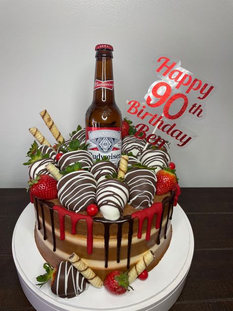 Strawberry, chocolate cover strawberry, dripping, beer Budweiser Cake, Husband Birthday Party, Husband Birthday Parties, Unicorn Cafe, Liquor Cake, Cake Deco Ideas, Beer Cake, Strawberry Chocolate, 30th Bday