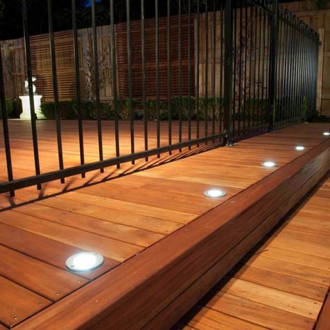 deck in floor lighting Deck Stair Lights, Outdoor Deck Lighting, Stair Lights, Deck Steps, Light Hardwood, Solar Deck Lights, Wooden Deck, Deck Stairs, Deck Lights