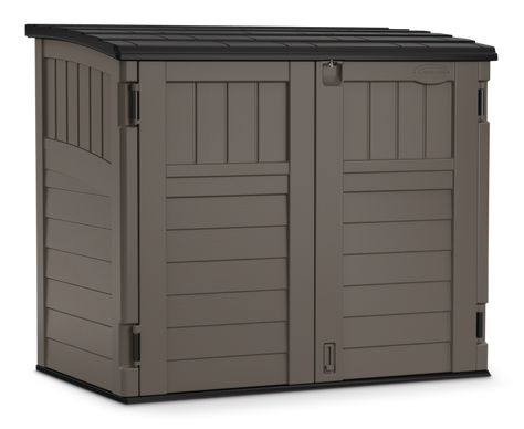 This handy Horizontal Storage Shed from Suncast® can handle any and all of your outdoor organizational needs. Ideal for stowing garbage cans, lawn and garden products, snow blowers, bicycles, and more, this stylish stora | Canadian Tire Suncast Storage Shed, Townhouse Backyard, Splash Blocks, Equestrian Property, Steel Storage Sheds, Front Of House Ideas, Garbage Storage, Double Entry Doors, Double Front Doors