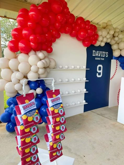 40th Birthday Baseball Theme, Baseball Party Balloons, Baseball Party Backdrop, Sandlot Birthday Party, Rookie Of The Year Party, Dodger Party, Dodgers Birthday Party, Sandlot Birthday, Baseball Backdrop