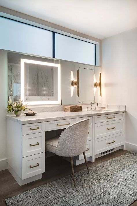 Dressing Table In Bathroom, Built In Makeup Vanity In Bathroom, Built In Vanity In Bathroom, Makeup Vanity Ideas, Vanity In Bathroom, Built In Vanity, Bathroom With Makeup Vanity, Master Bath Vanity, Girl Bathrooms