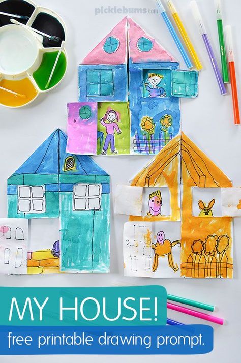 My House drawing prompt - download this free printable and draw your house, with you in it! Family Theme, Drawing Prompt, House Drawing, Paper Houses, Therapy Ideas, Preschool Art, Elementary Art, Lesson Ideas, Draw Your